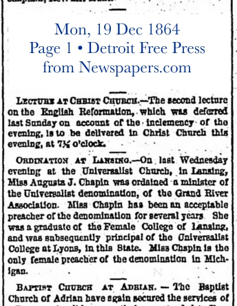 Detroit Free Press Dec 19, 1864 Ordination